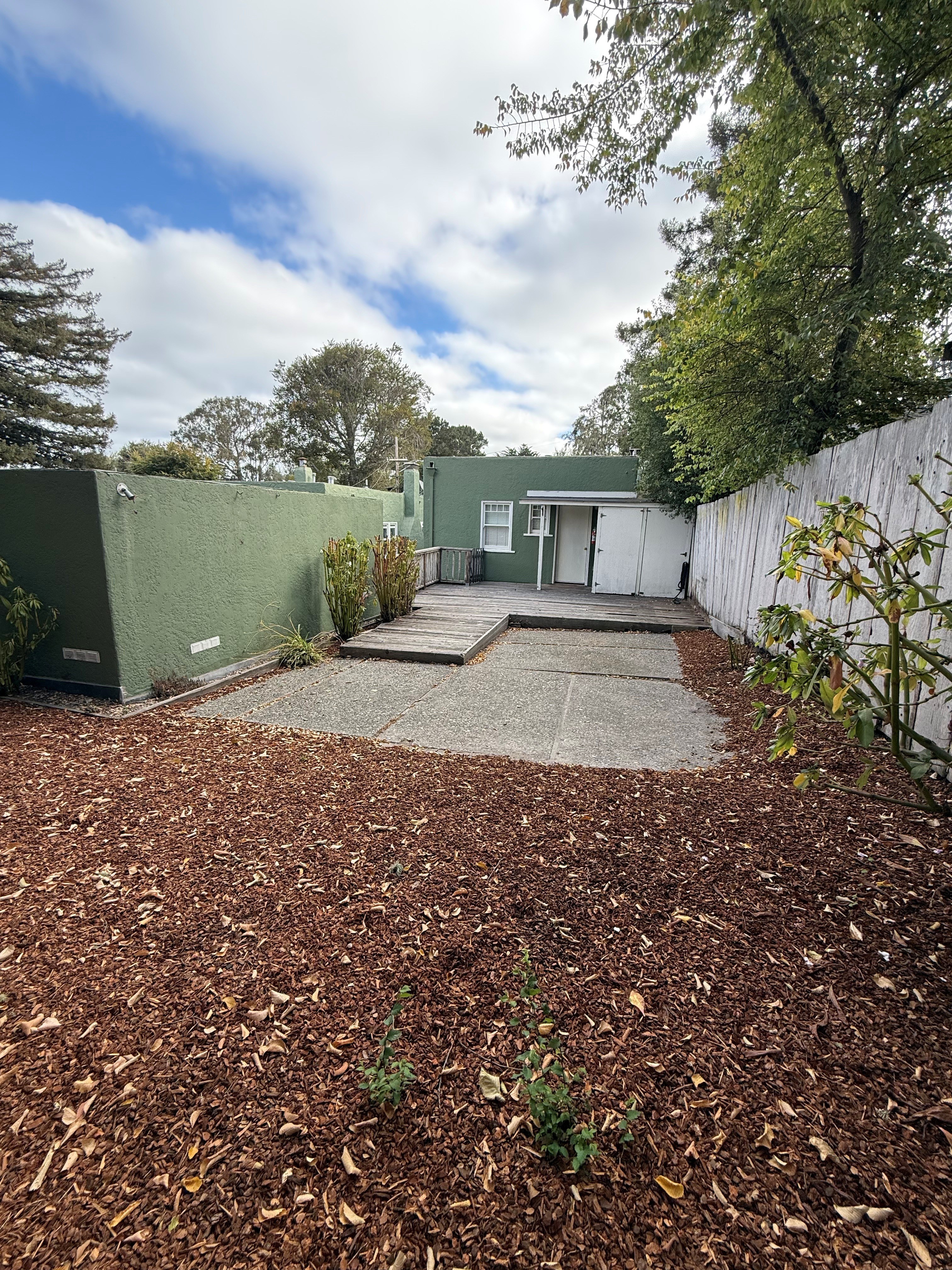 A backyard with a green shed, a white fence, and a grey concrete slab.